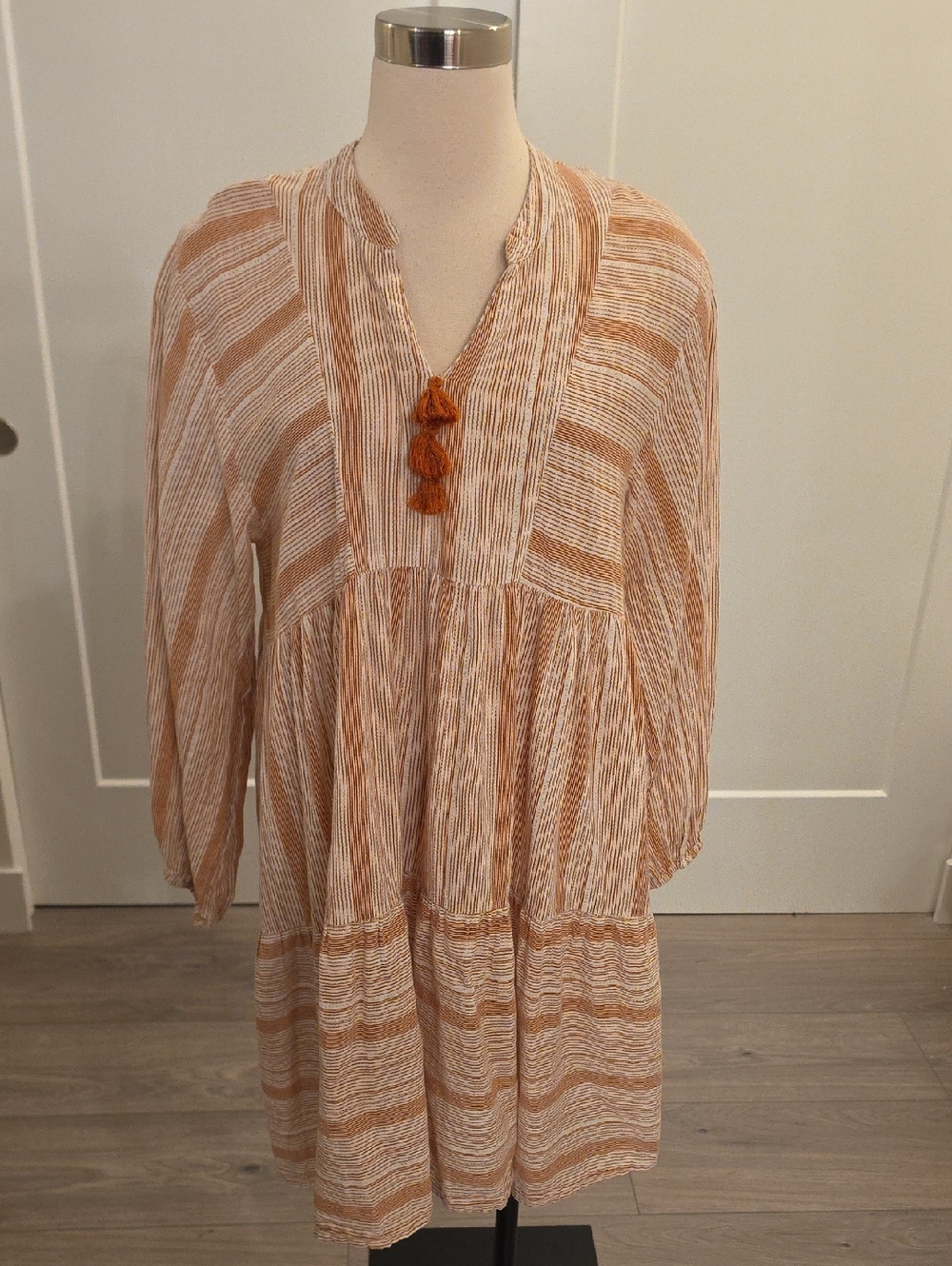 World Market Cream and nutmeg Striped Peasant Tunic dress size L/ XL EUC